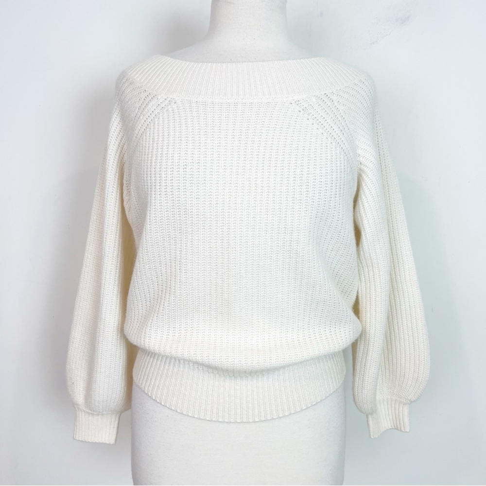 27 MILES CASHMERE OFF-WHITE RIBBED PUFF SLEEVE PULLOVER SWEATER WOMENS SZ XS